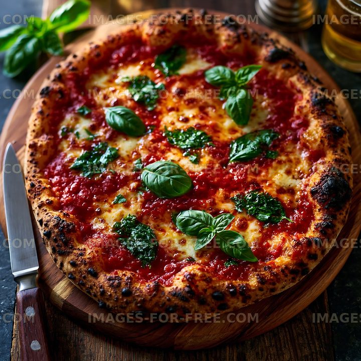 Freshly baked pizza with basil leaves on a wooden serving board