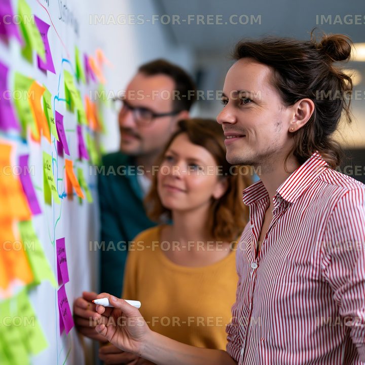 Team members collaborate on brainstorming using sticky notes
