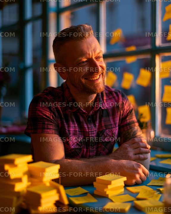 Man sitting by a window with sticky notes in a cafe