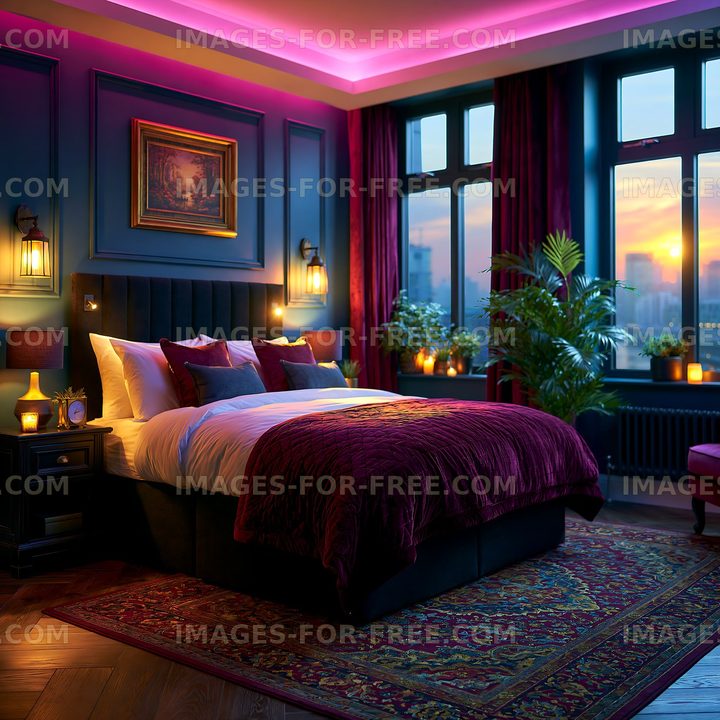 Cozy bedroom with modern decor and evening city view