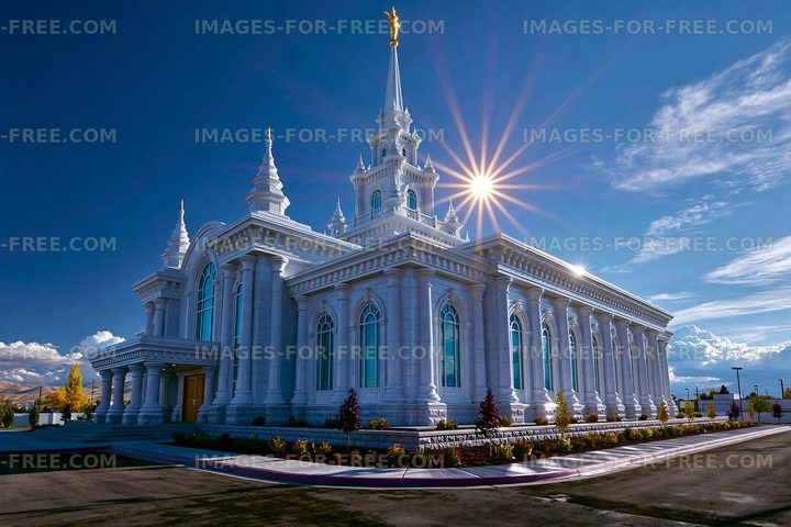 Church building with a tall spire under a clear blue sky