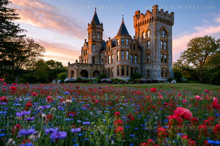 Historic castle surrounded by a colorful flower garden at sunset