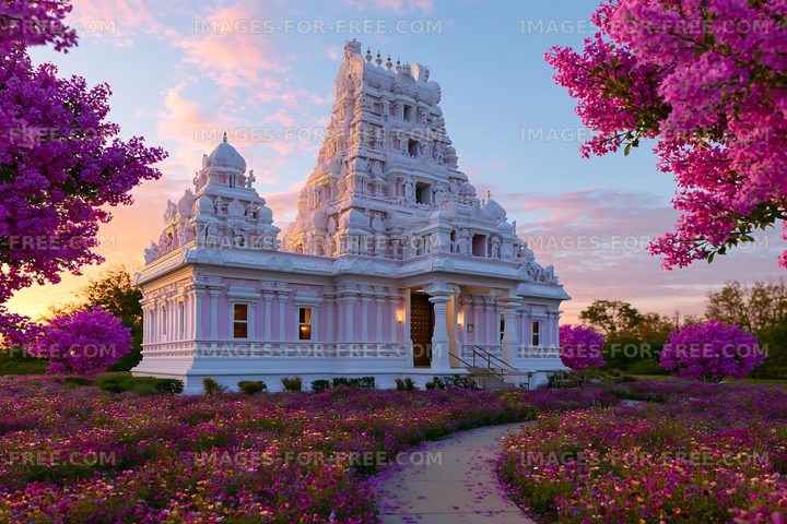 Beautiful temple surrounded by blooming flowers at sunset