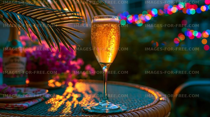 Evening drink with bubbles by the garden in soft light