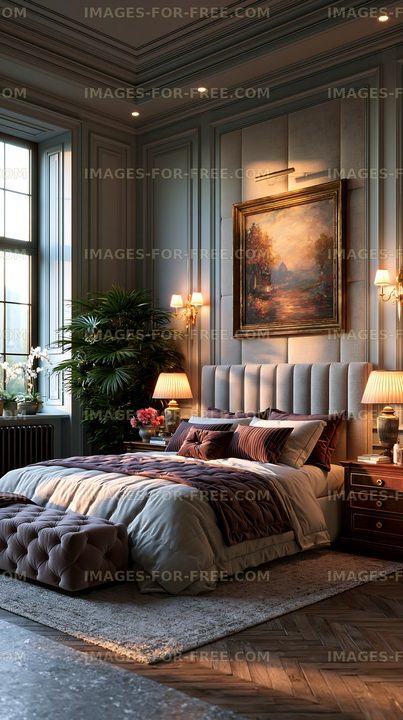 Elegant bedroom with large windows and artwork on the walls