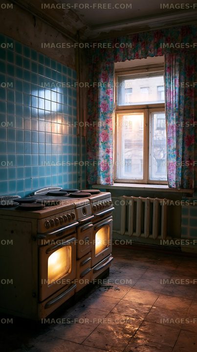 Old kitchen with vintage stove and blue tiled wall