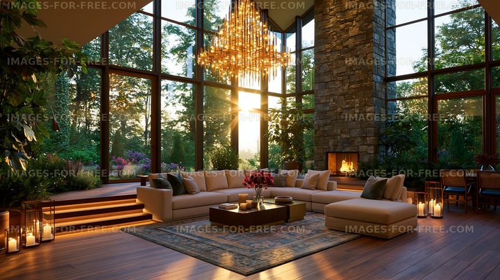 Modern living room with large windows and chandelier