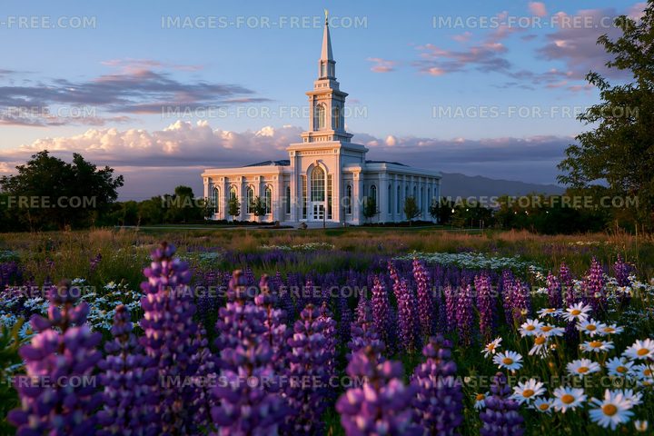 Church building surrounded by flowers at sunset