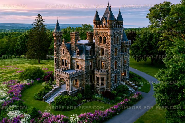 Historic stone castle surrounded by colorful flowers and trees