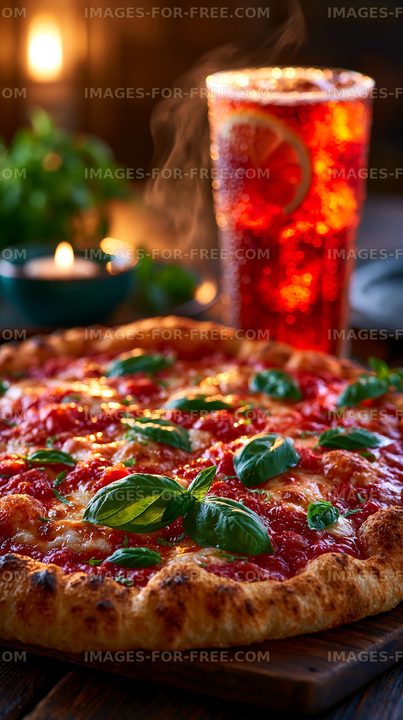 Freshly baked pizza with basil and a cold drink on the table