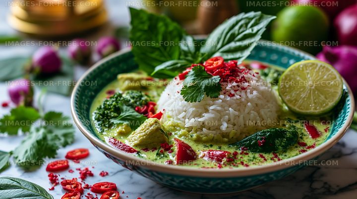 Green curry with rice and fresh herbs on a marble table