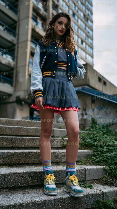 Girl in a school uniform stands on steps of a building