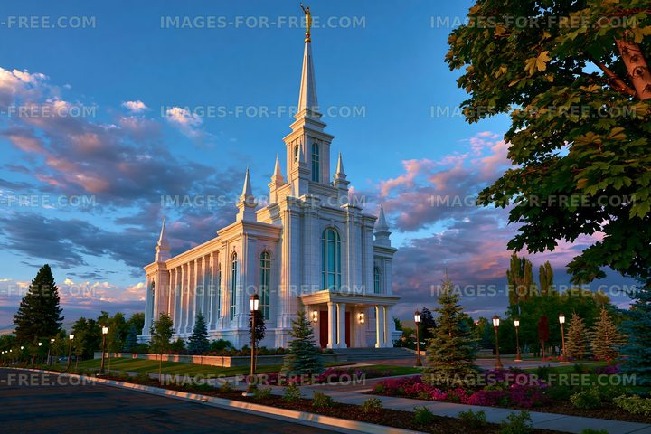 Sunset view of a large church building surrounded by trees