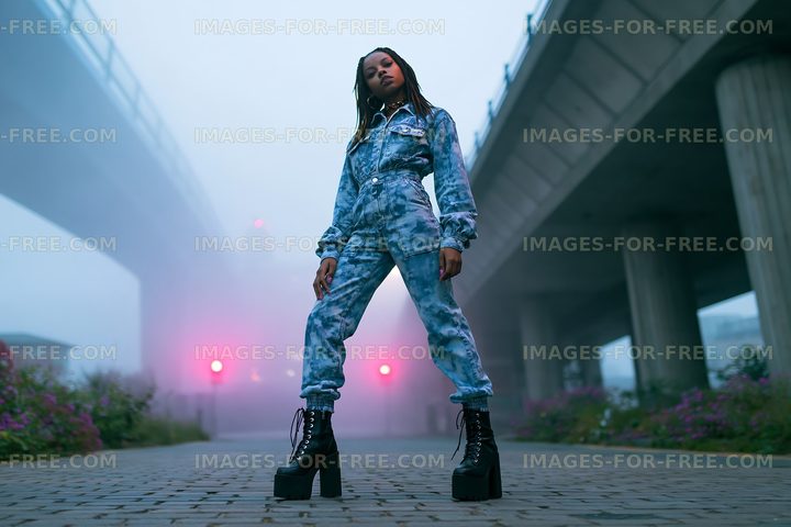 Model poses in blue attire under urban bridge in fog