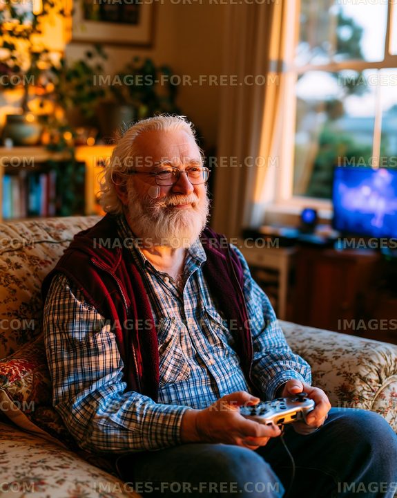 Senior man playing video games on a cozy sofa in a well-lit room