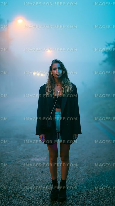 Woman standing on a foggy street at night under streetlights