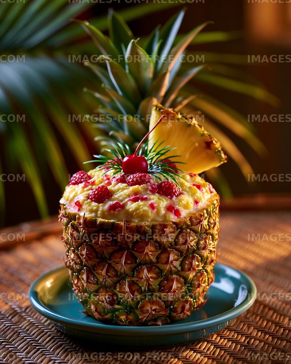 Fresh fruit dessert served in a pineapple on a blue plate