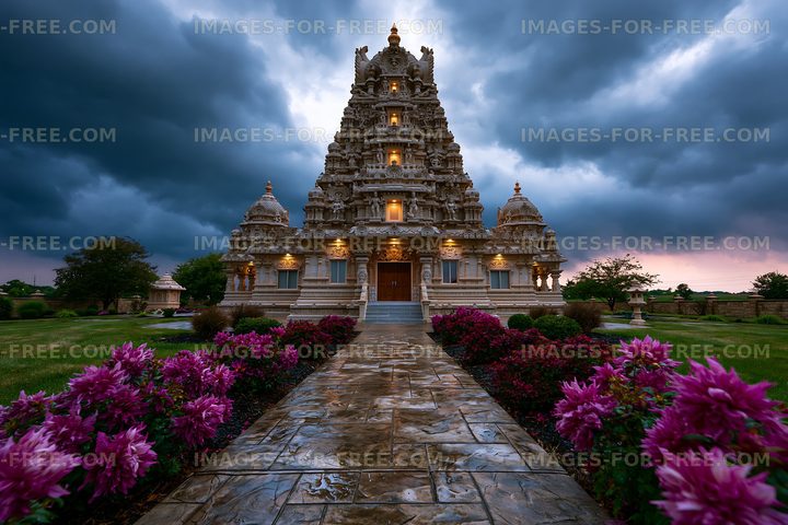 Temple with stone structure and garden under cloudy sky