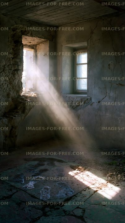 Light beams shine through cracked walls of an empty room
