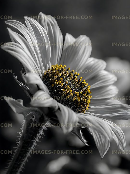 Yellow center of a sunflower in black and white
