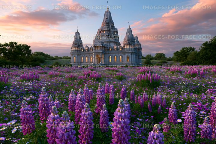 Grand temple surrounded by blooming flowers at sunset