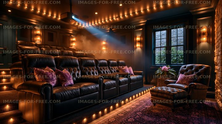 Home theater with comfortable seating and projector in dim light