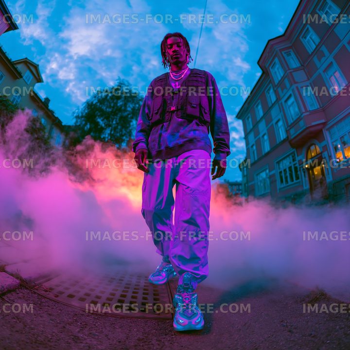Fashionable man standing in colorful smoke on city street