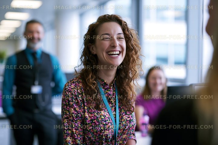 Woman smiling in office during conversation with coworkers