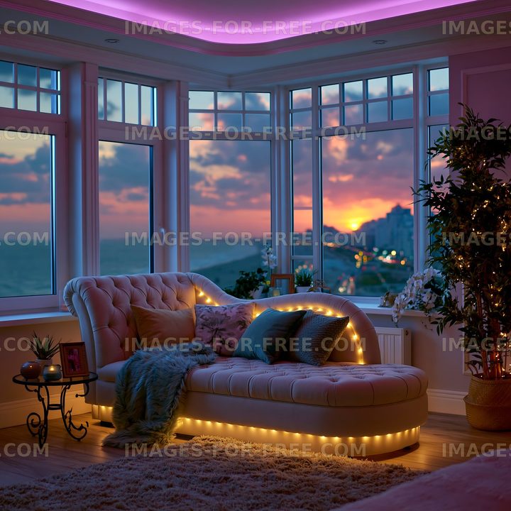 Cozy living room with sunset view and decorative lighting