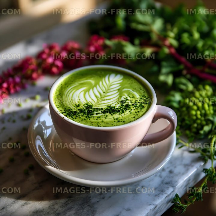 Green tea latte in a cup on a marble table with herbs and flowers