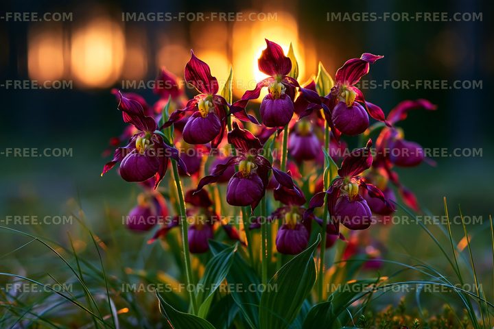 Orchids bloom at sunset in a forest clearing