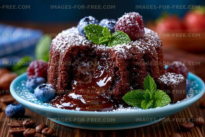 Chocolate lava cake with fresh berries and mint leaves on a plate