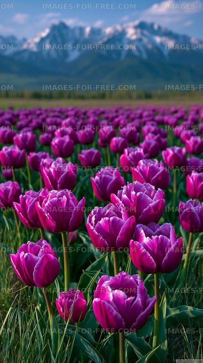 Purple tulips blooming in a field with mountains in the background