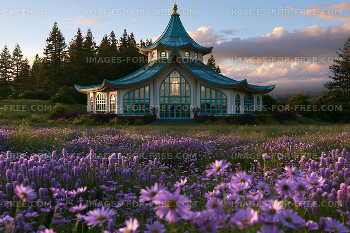 Colorful flowers surround a building with unique architecture