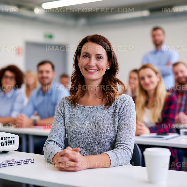 Woman smiling in front of a group during a presentation in a classroom
