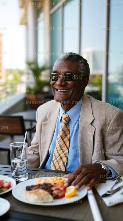 Man enjoys breakfast on a restaurant patio with a smile