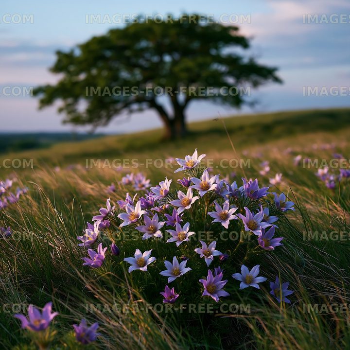Wildflowers bloom in a grassy field with a tree in the background