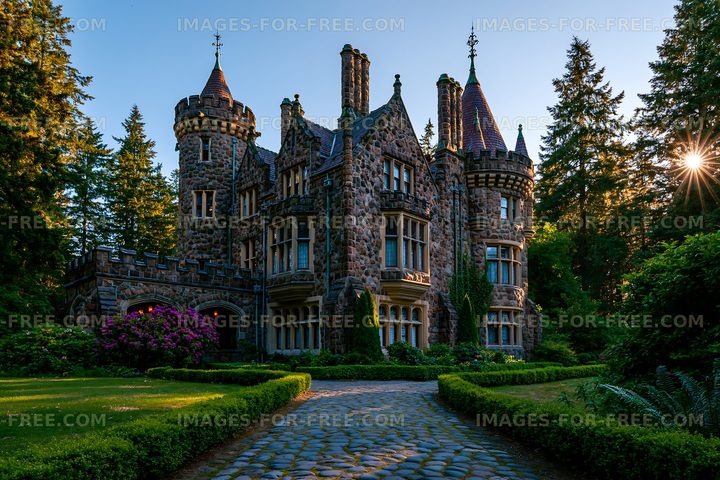 Castle surrounded by trees and garden at sunset