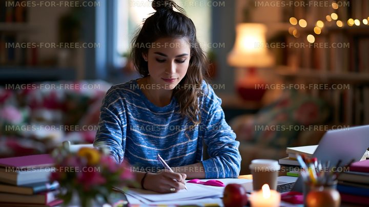 Young woman studying at a table in a cozy indoor space