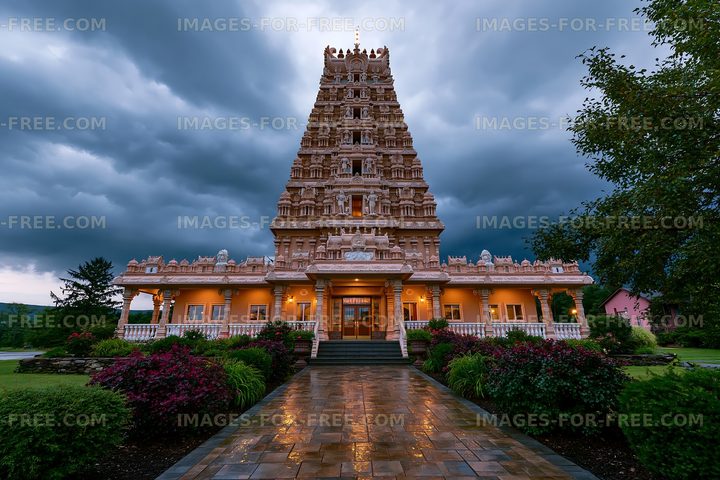 Cloudy sky above a Hindu temple with a detailed facade