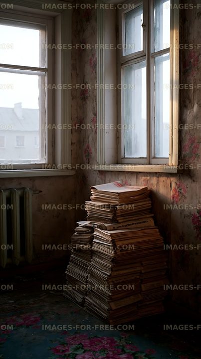 Old newspapers stacked near window in abandoned room