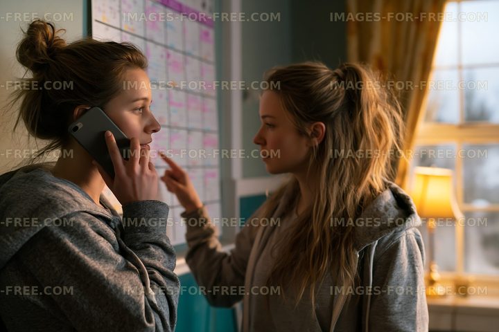 Two women in conversation indoors with a calendar in the background