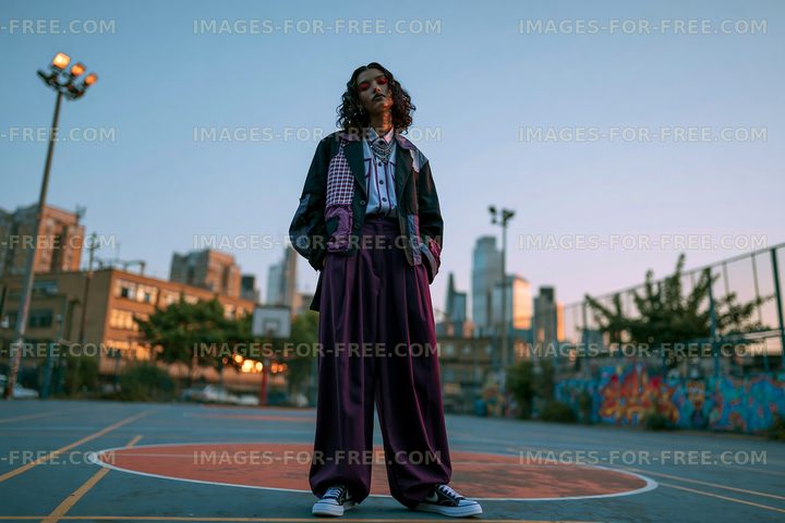 Person standing on a basketball court in an urban area at sunset