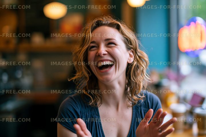Woman laughing in a cafe with bright lights and blurred background
