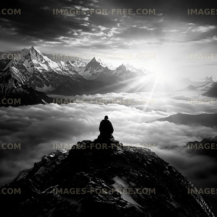 Man sitting on rock overlooking clouds and mountain range
