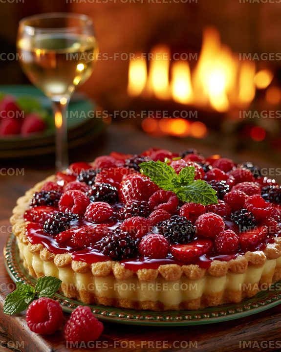 A round fruit tart is placed on a wooden table