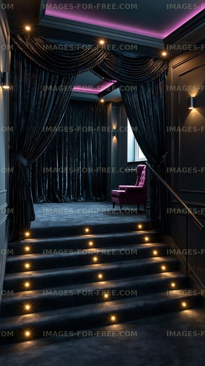 Elegant corridor with purple lighting and a velvet curtain