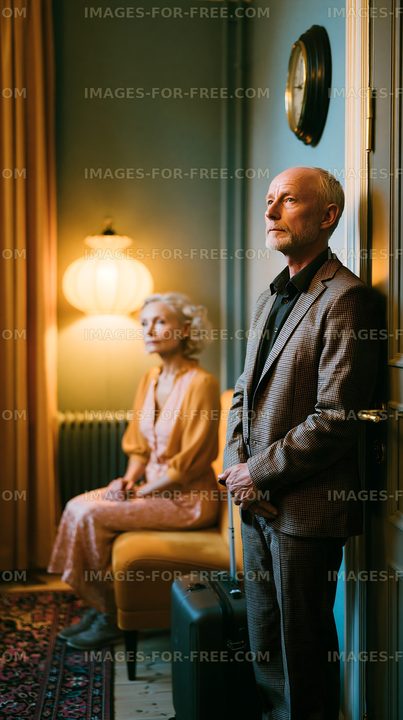 Couple waiting in a room with vintage furniture and warm lighting