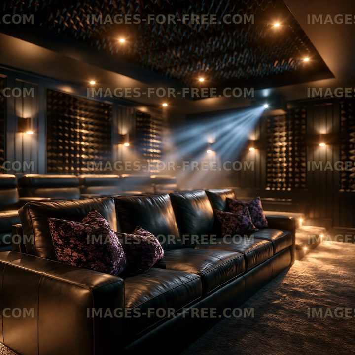 Cozy home theater with elegant seating and ambient lighting