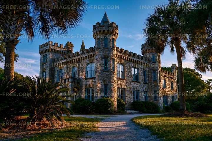 Old stone castle with turrets surrounded by greenery